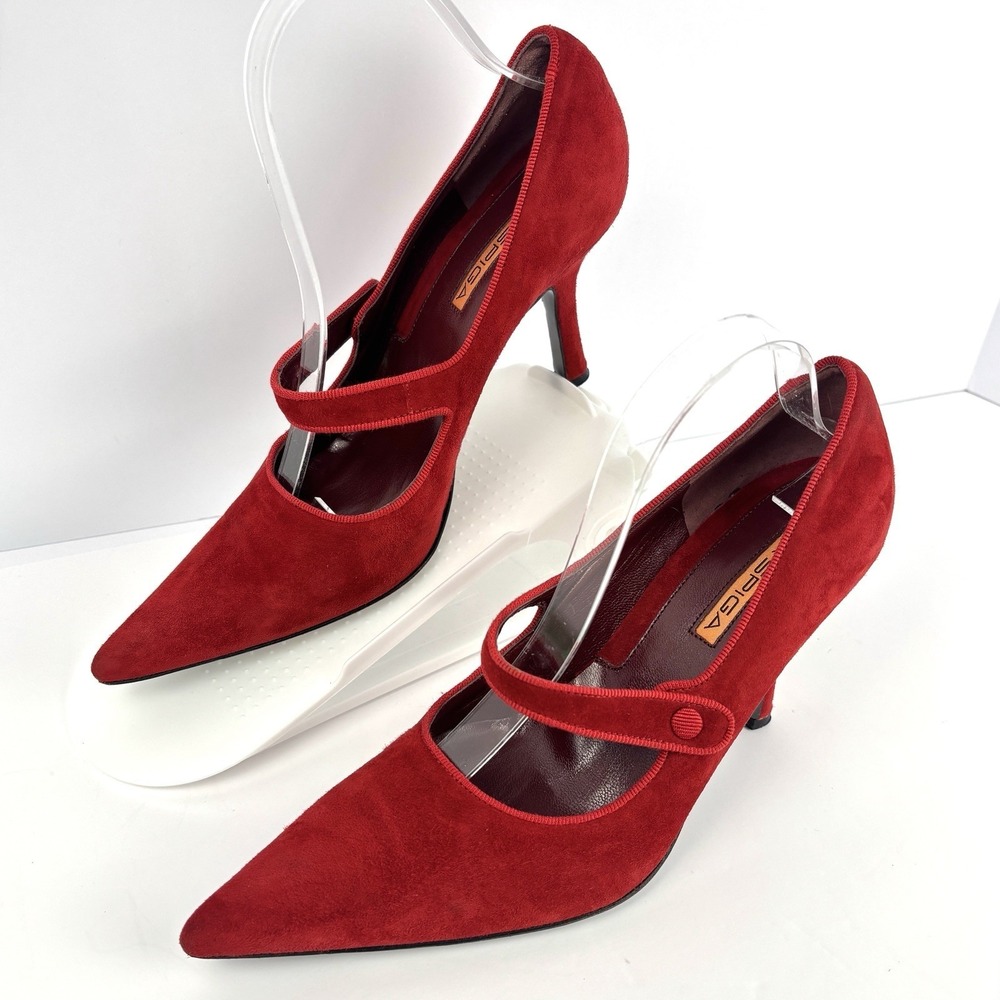 Via Spiga Red Suede Mary Jane Pumps Heels Women's 8.5 M Italy Pointed Toe 39 EU - Picture 4 of 13